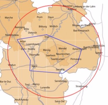 Übersichts-Karte Region: Saarland, Lothringen, Elsass, Frankreich, Luxemburg, Westpfalz, Trier - Städteübersicht: Saarbrücken / Neunkirchen / Saarlouis / Wallerfangen / Merzig / Wadern / Homburg / Schmelz / Sulzbach-Saar / Saarwellingen / Schwalbach / Dillingen / Völklingen / Eppelborn / Lebach / Saarburg / Perl / Mettlach / Trier / Luxemburg / Remich / Esch / Weiskirchen / St.Ingbert / Blieskastel / Nohfelden / Birkenfeld / Hermeskeil / Losheim / Landau / Zweibrücken / Pirmasens / Kaiserslautern / Kusel / Sarreguemines / St. Avold / Creutzwald / Elsass / Thionville / Sarralbe / Sarrebourg / Metz / Nancy / Forbach